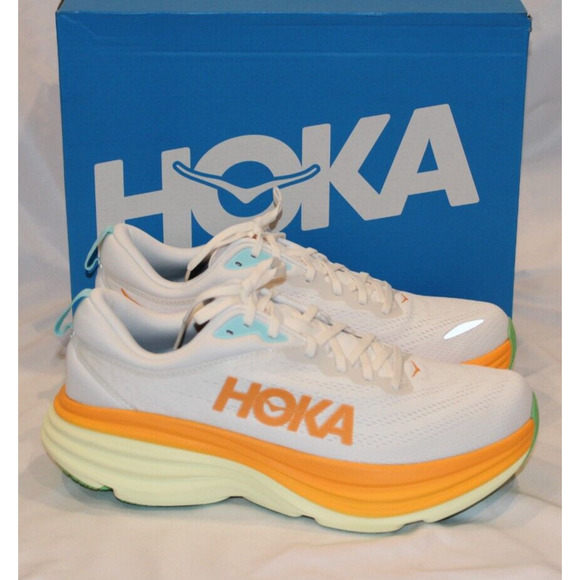 NIB Hoka One‎ Men's Bondi 8 Running Sneakers BNCS WHITE ORANGE SZ 10 NEW - Picture 1 of 6